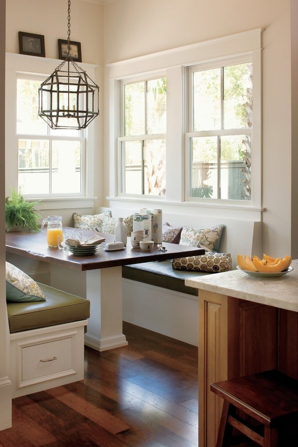 kitchen-nook-table-ideas black white benches storage drawers