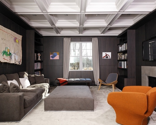 contemporary family room white ceiling coffers