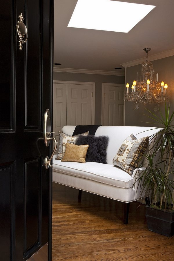 corridor design ideas white sofa crystal chandelier