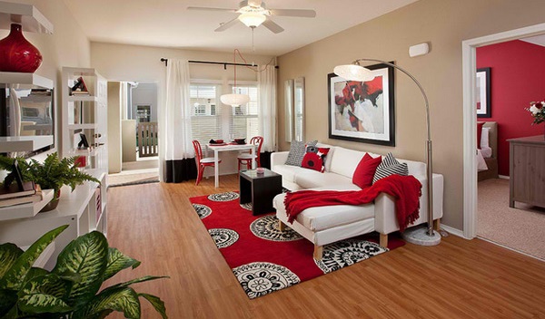 decorating ideas for small rooms red color accents white sofa bamboo flooring