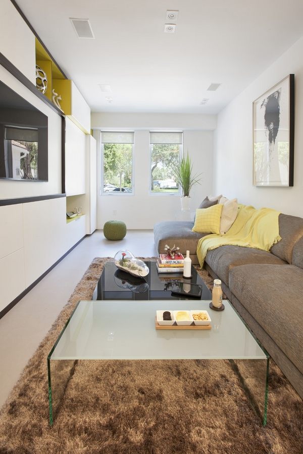 decorating small living rooms brown shades sofa area rug yellow decorative pillows glass coffee table