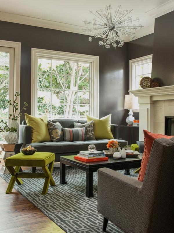 decorating small living rooms gray wall color green accents modern chandelier