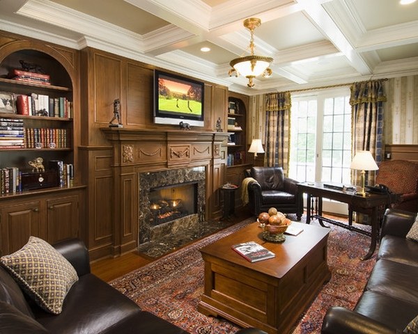 home office with ceiling coffers leather sofas fireplace