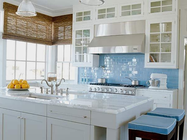 kitchen-design-ideas-white cabinets blue subway tile backsplash