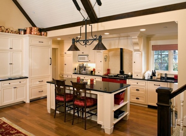 white cabinets red accents countertop