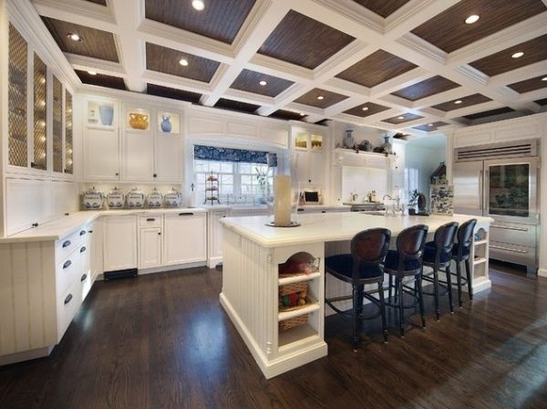 kitchen dark wood panels white grid