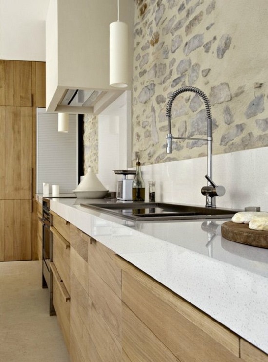 kitchen-design-wood-cabinets-white-countertop-backsplash-natural-stone-wall