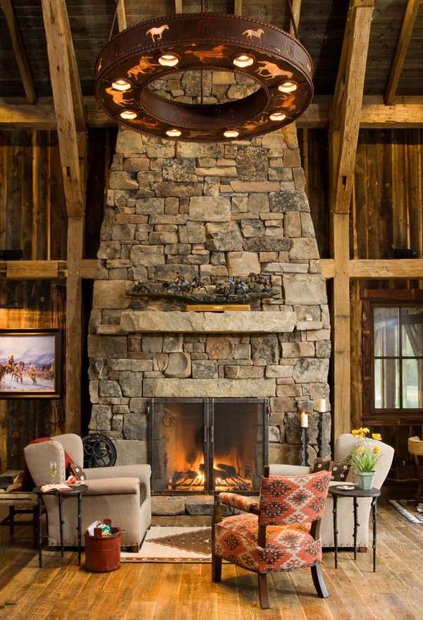 natural-stone-fireplace-screen with doors rustic living room