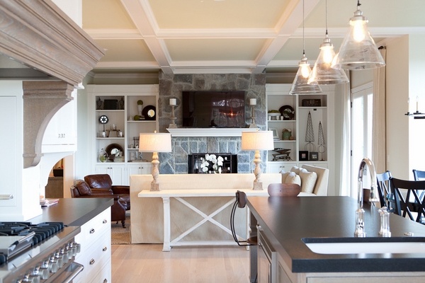 open floor plan kitchen living room design ideas coffers