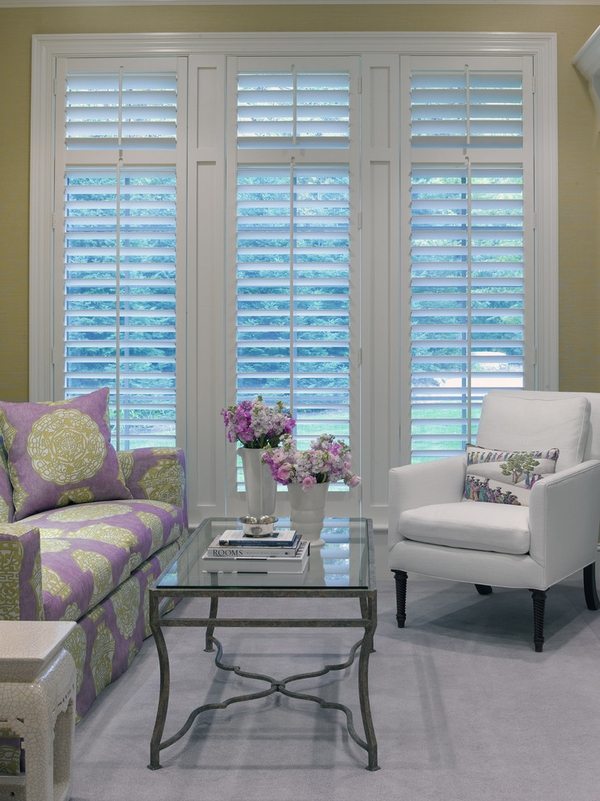 plantation window shutters white DIY living room design sofa 