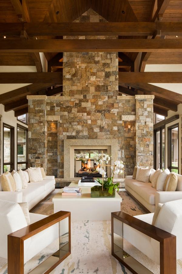 rustic living room stone fireplace white living room furniture