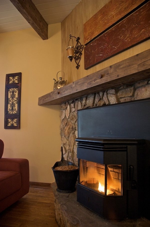 rustic-wood-fireplace-mantel-shelf natural stone surround