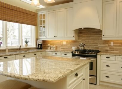 santa-cecilia-gold-granite-countertops-modern-kitchen-white-cabinets
