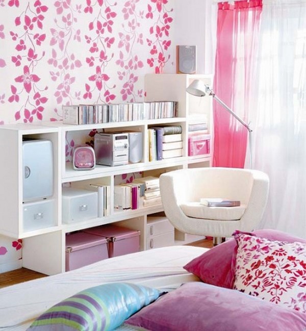 storage-ideas-for-small-bedrooms-girl bedroom open shelves 