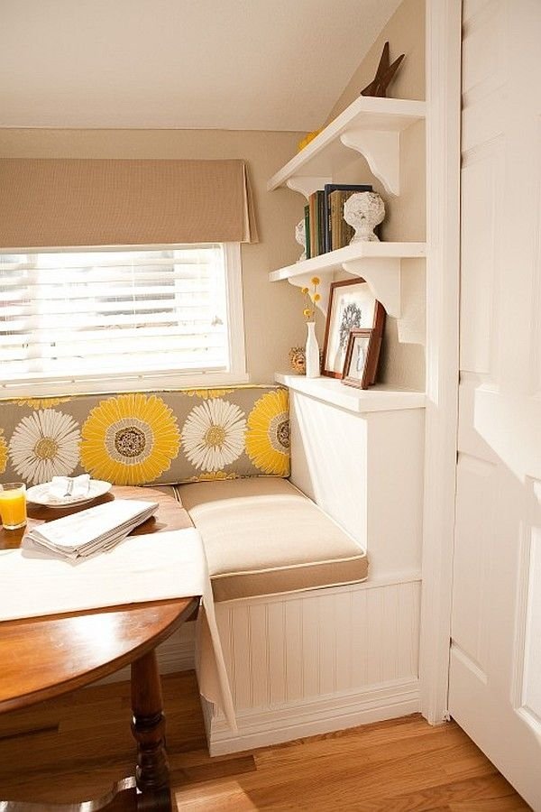 small-kitchen-nook-table white bench open shelves