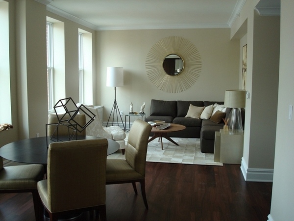 small living room with dining area dark wood floor cream wall color