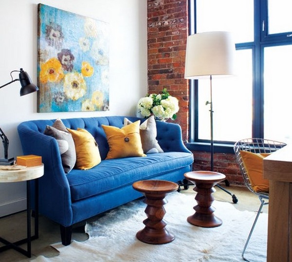 small narrow living room decoration ideas blue sofa wall painting wooden chairs 