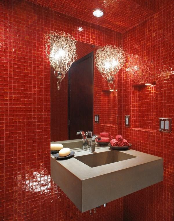 spectacular-wall-sconces-modern bathroom red mosaic tiles 