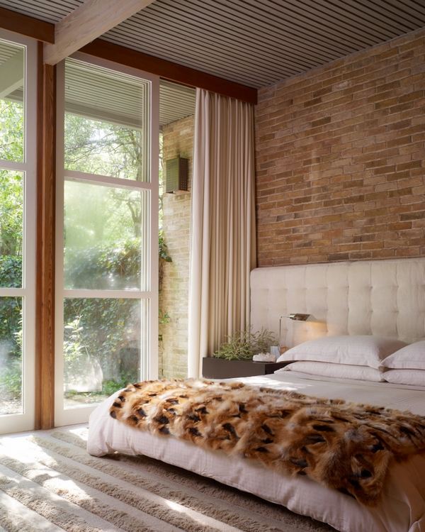 stylish bedroom brick wall tufted headboard DIY ideas