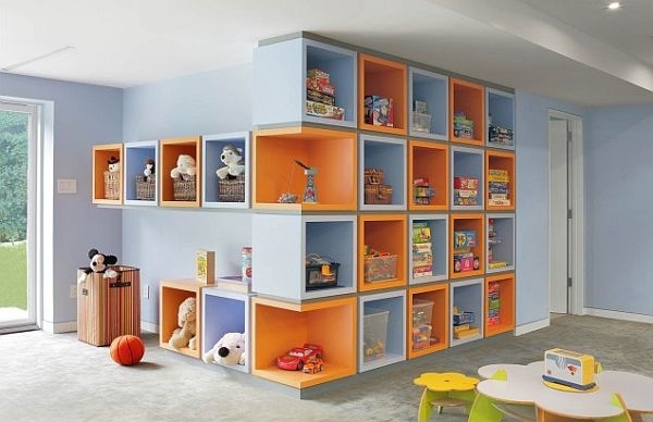 bookshelves for kids rooms light blue and orange