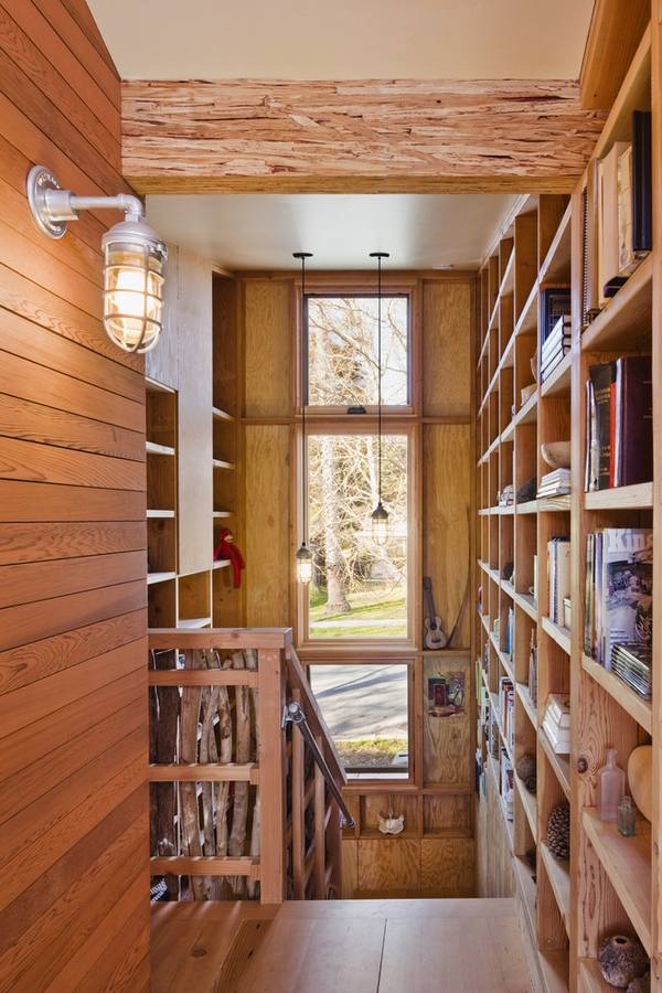 wall-sconces-ideas rustic staircase wall bookshelves