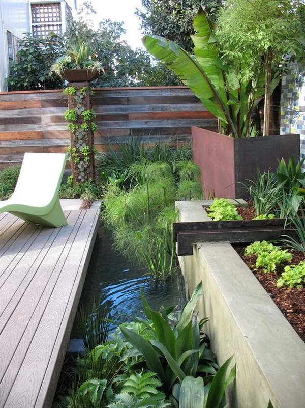 water features garden pond patio area open design lounge furniture