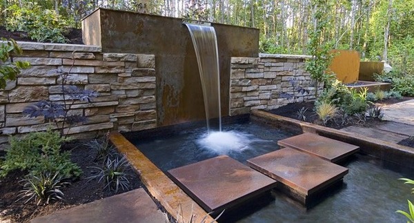 water features for gardens wood panels stone wall privacy protection