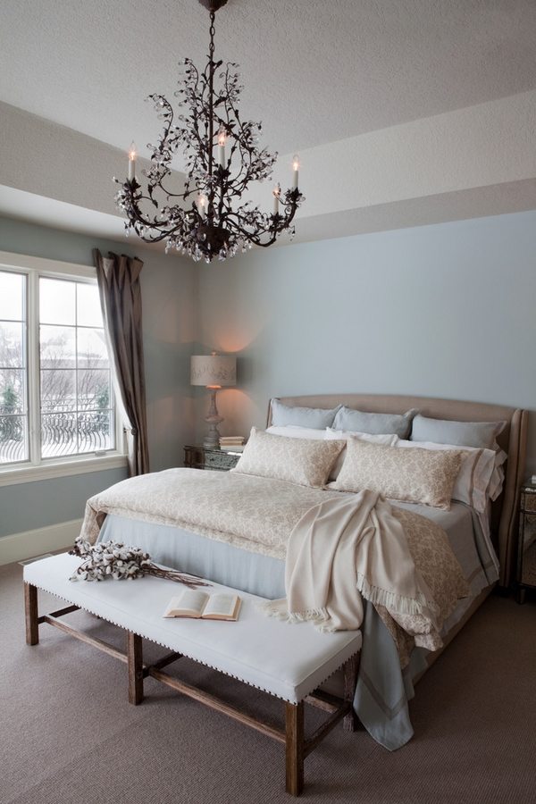 white blue bedroom interior black chandelier