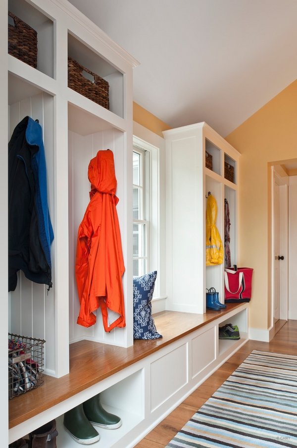 Contemporary house entry mudroom storage lockers with bench 