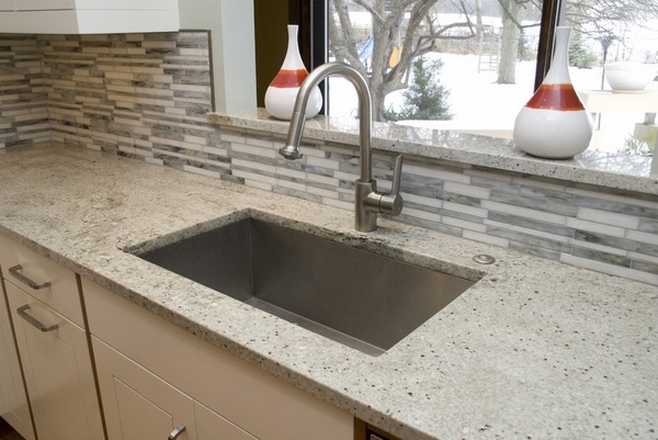 kitchen design mosaic tile backsplash bianco romano granite countertop