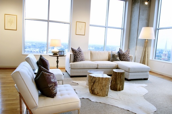 Contemporary living room decorating ideas white cowhide area rug