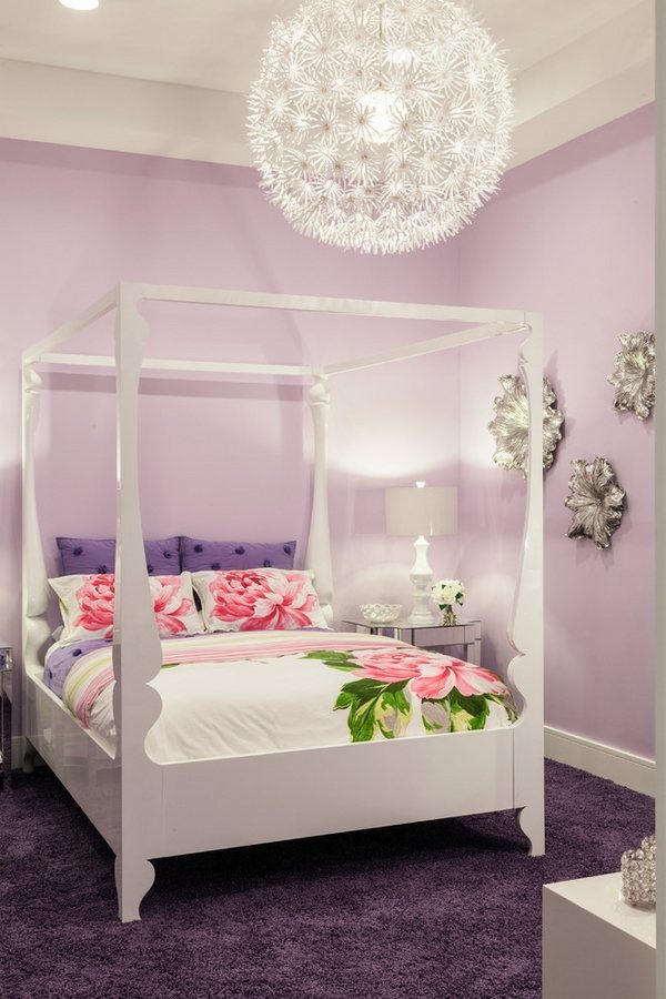 Girls bedroom furniture ideas white canopy bed frame modern chandelier purple carpet