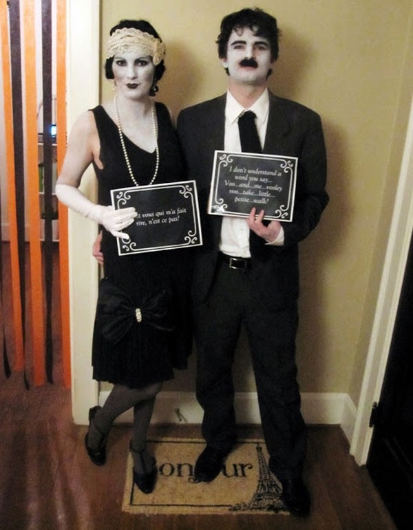 Homemade adults silent film couples costumes