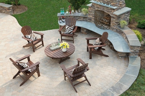 Patio stone fireplace seating hearth outdoor furniture