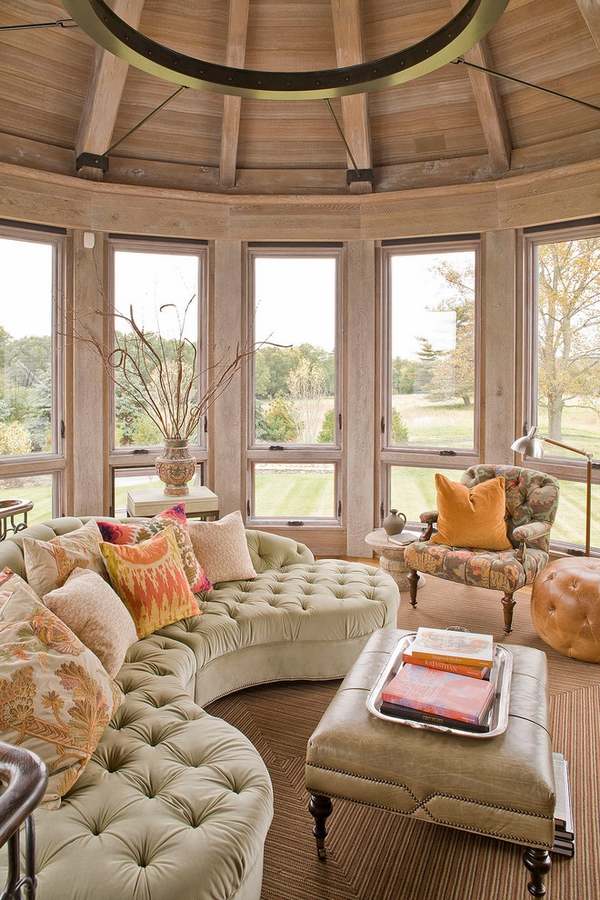 Porch furniture tufted curved sofa ottoman decorative pillows