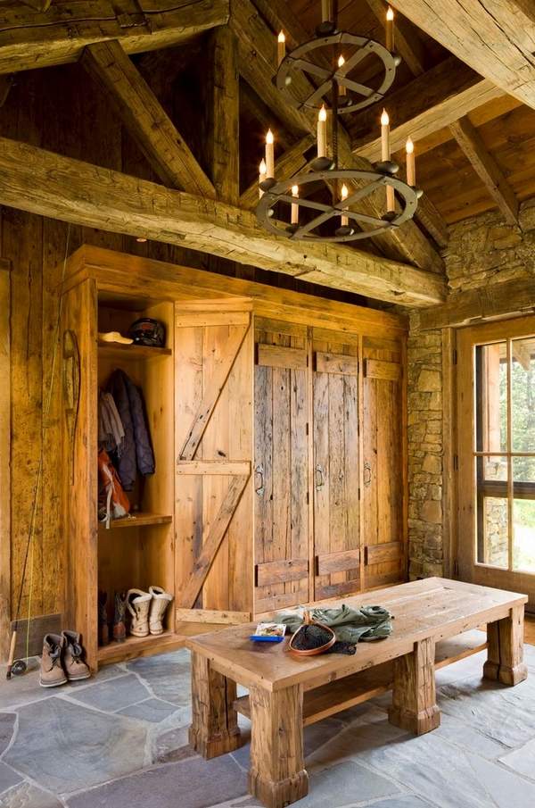 mudroom rustic house entry wooden bench