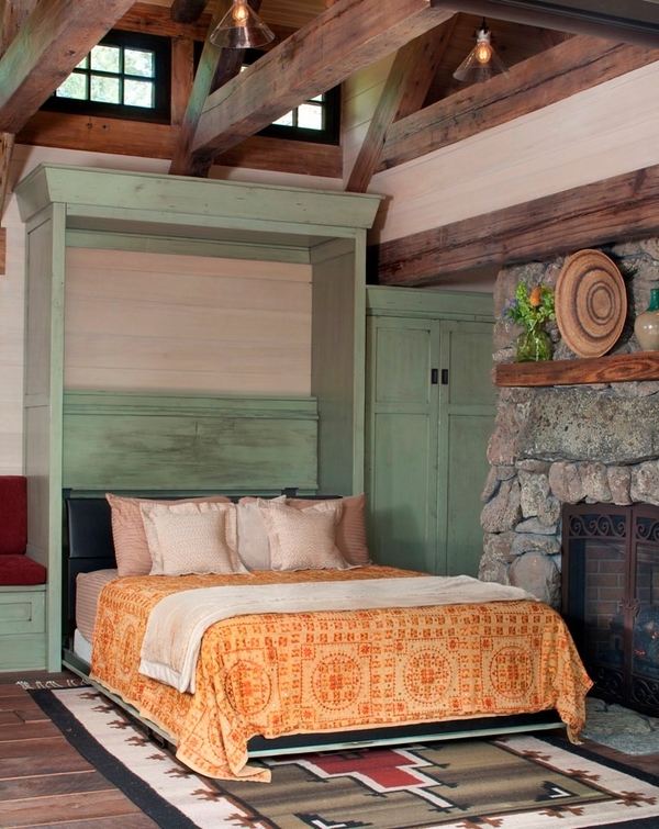 Rustic bedroom design murphy bed stone fireplace