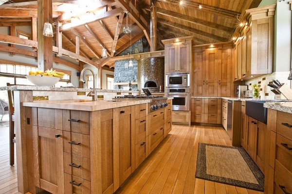 Rustic kitchen design gas cooktop hardwood flooring