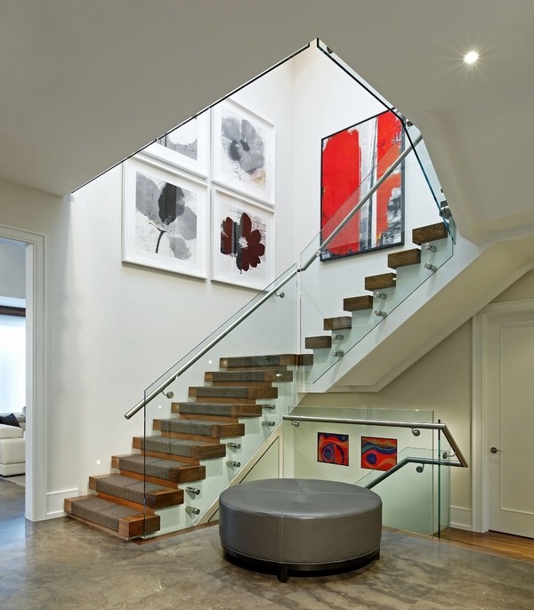 Stair tread with carpet runners glass railings tile flooring modern home interior