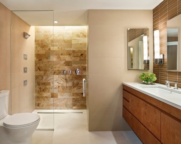cream brown walk in shower glass wall wood washbasin