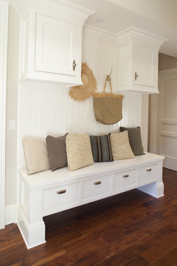 white mudroom lockers with bench storage cabinets wood flooring