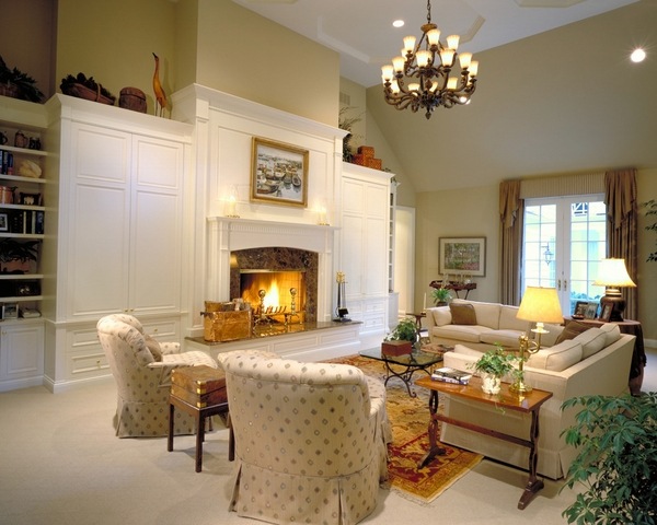 Traditional living room fireplace design polished stone hearth