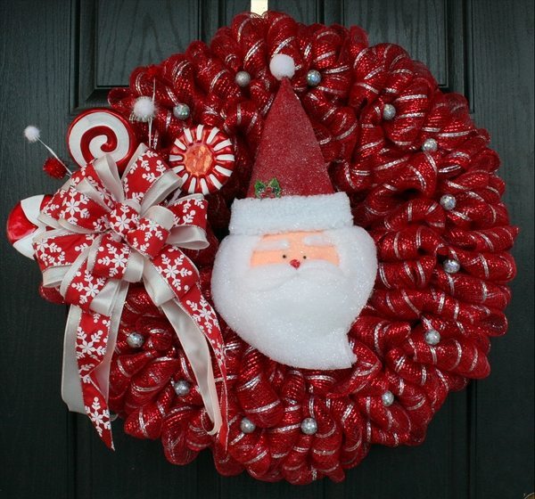 artificial-christmas-wreaths-mesh wreath red white bow santa claus