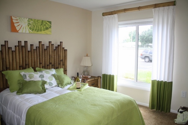 bamboo headboard bedroom ideas white green curtains