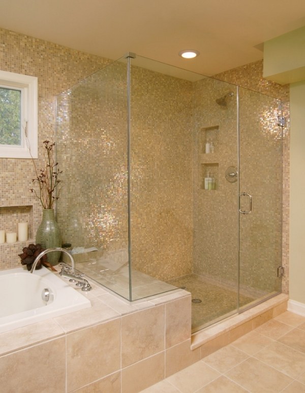 bathroom ideas glass shower tiles mosaic tiles peach color