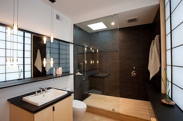 black tiles walk wall asian inspired bathroom