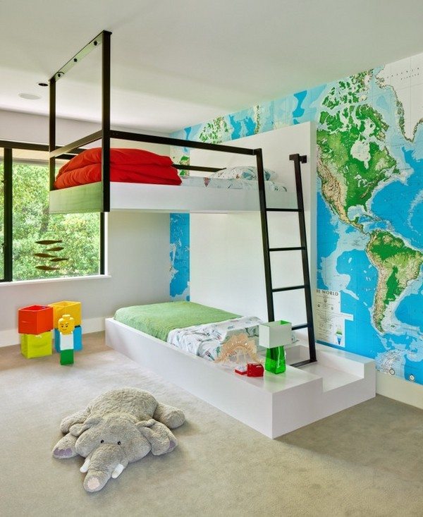 cool bunk beds design modern kids room world map wall decoration