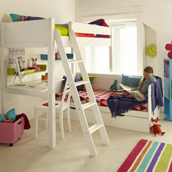 cool bunk beds ideas wood white teen room furniture colorful striped rug