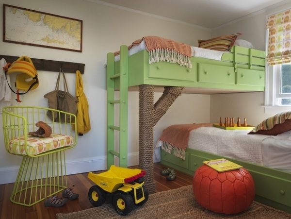 cool bunk beds nursery green cream white wall color ottoman
