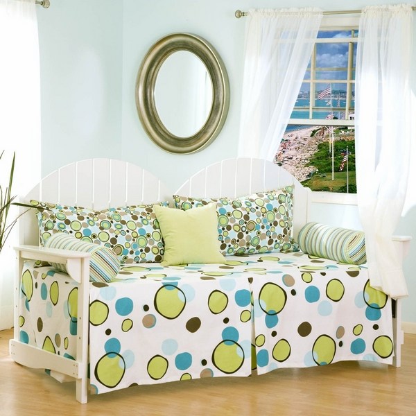 bedroom furniture ideas daybed set green blue circles motive wood flooring 